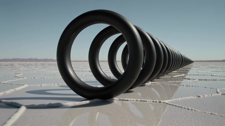 Abstract Black Rings Arranged in a Row on a Salt Flat