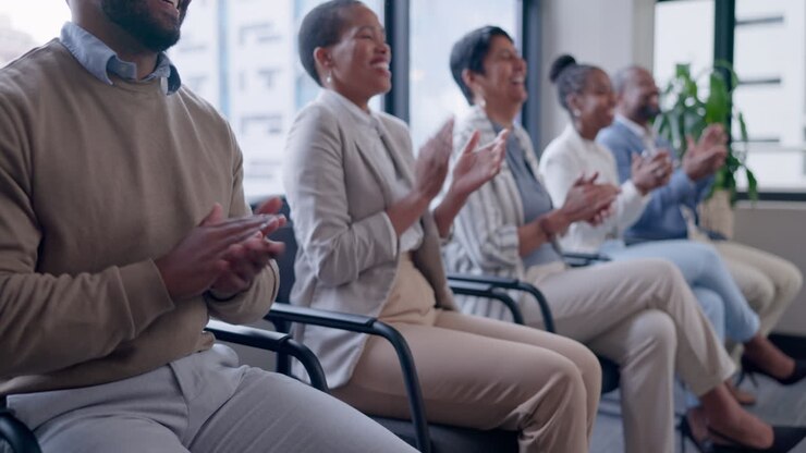Business people, clapping or happy audience