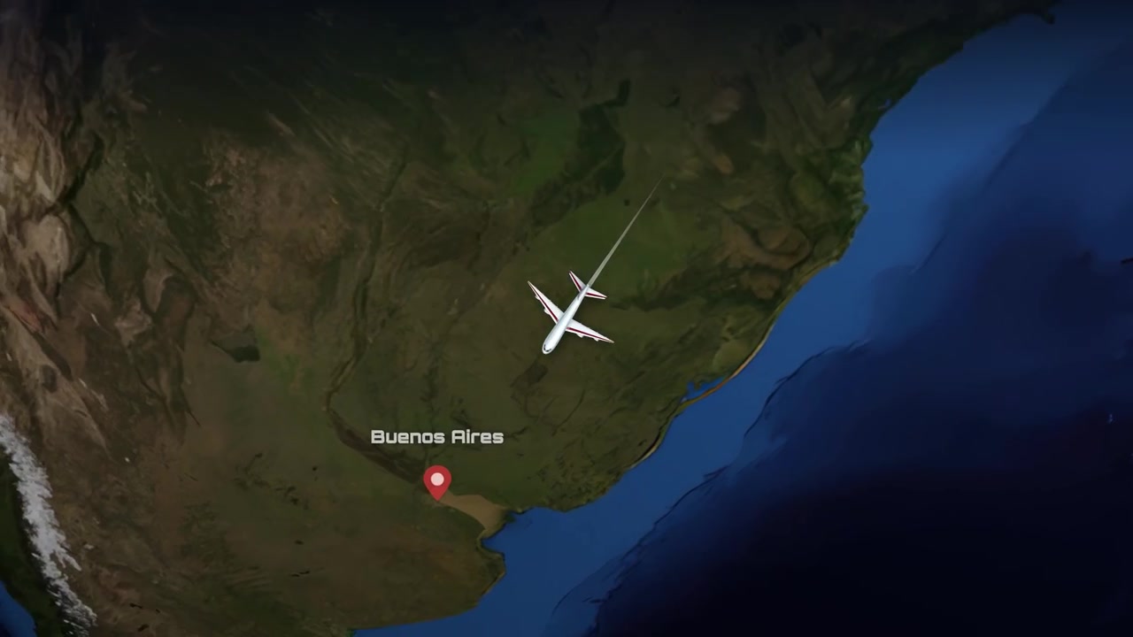 Satellite view animation follows an airplane traveling from London across the Atlantic to Buenos Aires