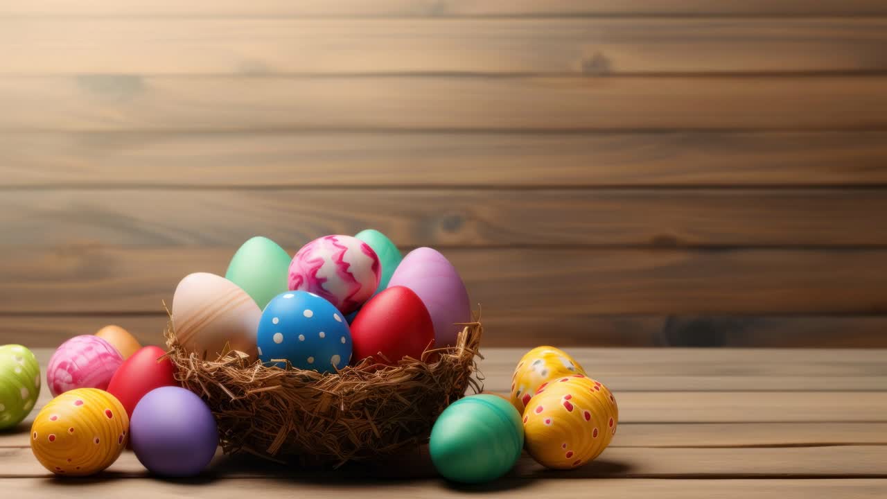 Colorful Easter eggs in a nest on a wooden table, captured from a side angle for a festive video