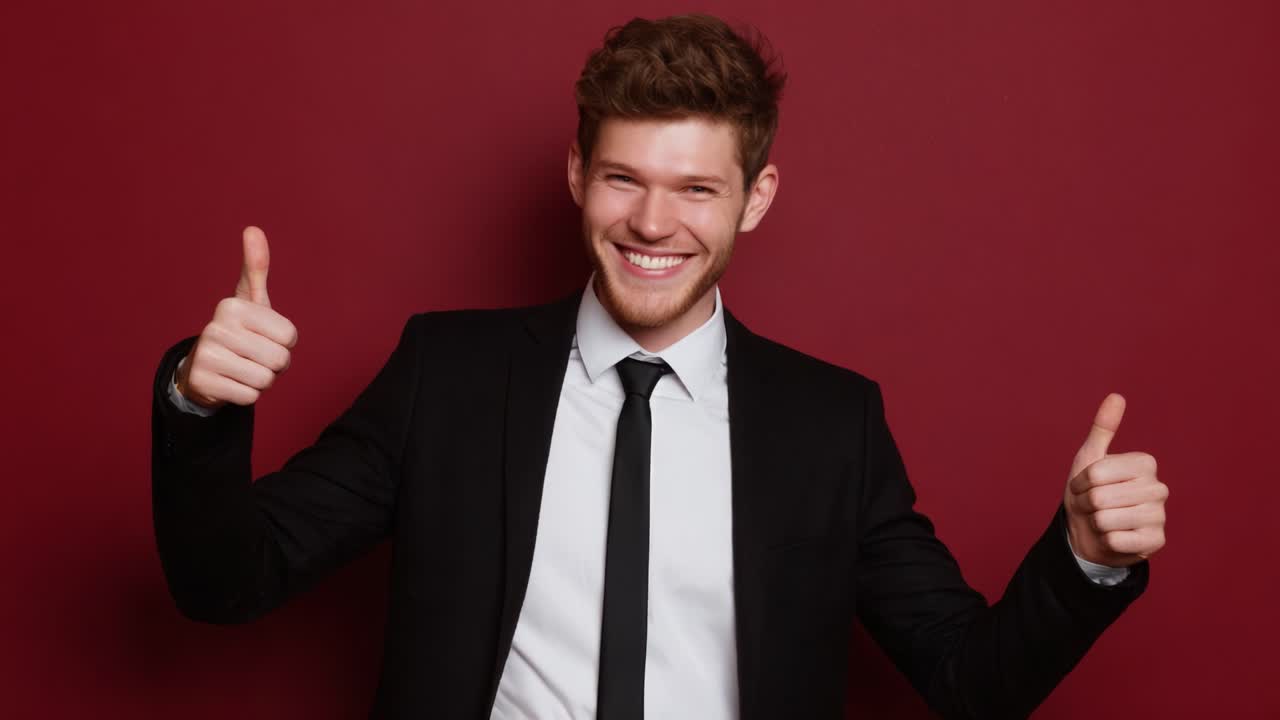A Young Man in a Stylish Black Suit and Tie Expresses Joy with Thumbs Up Gesture Against a Bold Red Background, Radiating Confidence and Enthusiasm