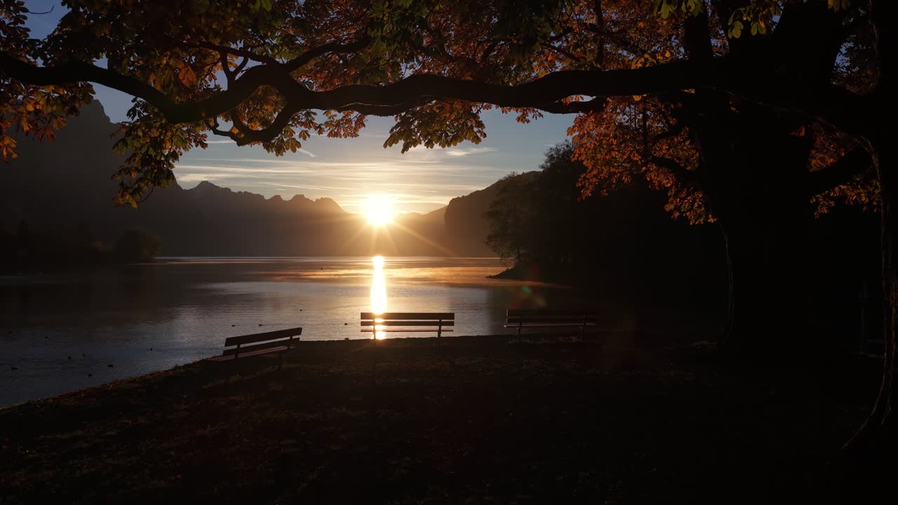 Walensee lake at sunset in Walenstadt, Switzerland, aerial drone pulling back over, beautiful golden light, calm water and autumn trees