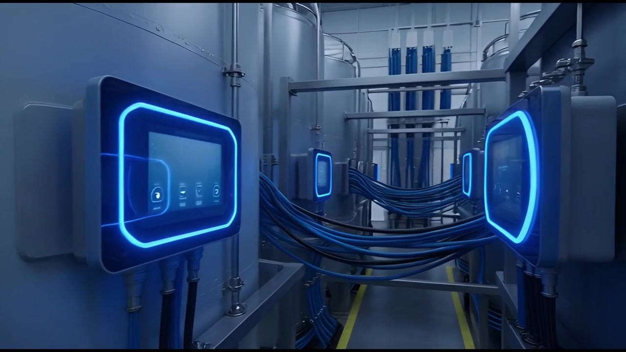 Modern Industrial Facility with Large Tanks and Blue Glowing Displays