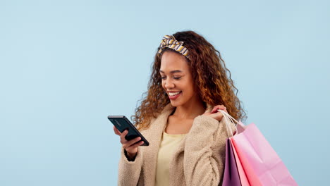 happy woman, phone and shopping bag for discount