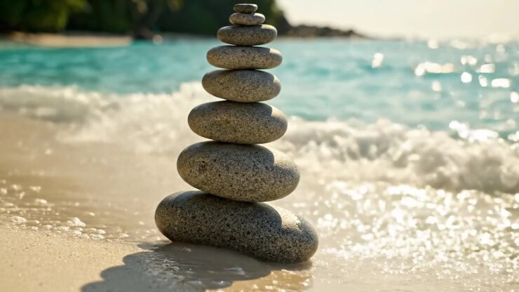 Un affichage serein d'équilibre : des pierres empilées sur la plage avec de douces vagues clapotant le rivage sous un soleil chaud créant une atmosphère paisible