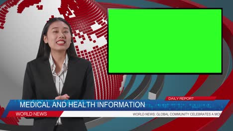 live news studio with asian professional female anchor and green screen television reporting on the events of the day