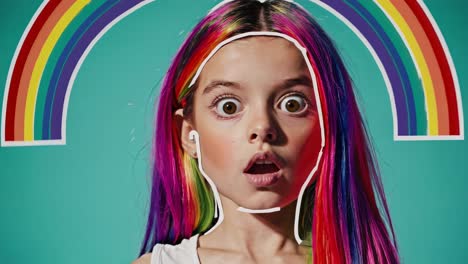 girl with colorful hair and rainbow graphic