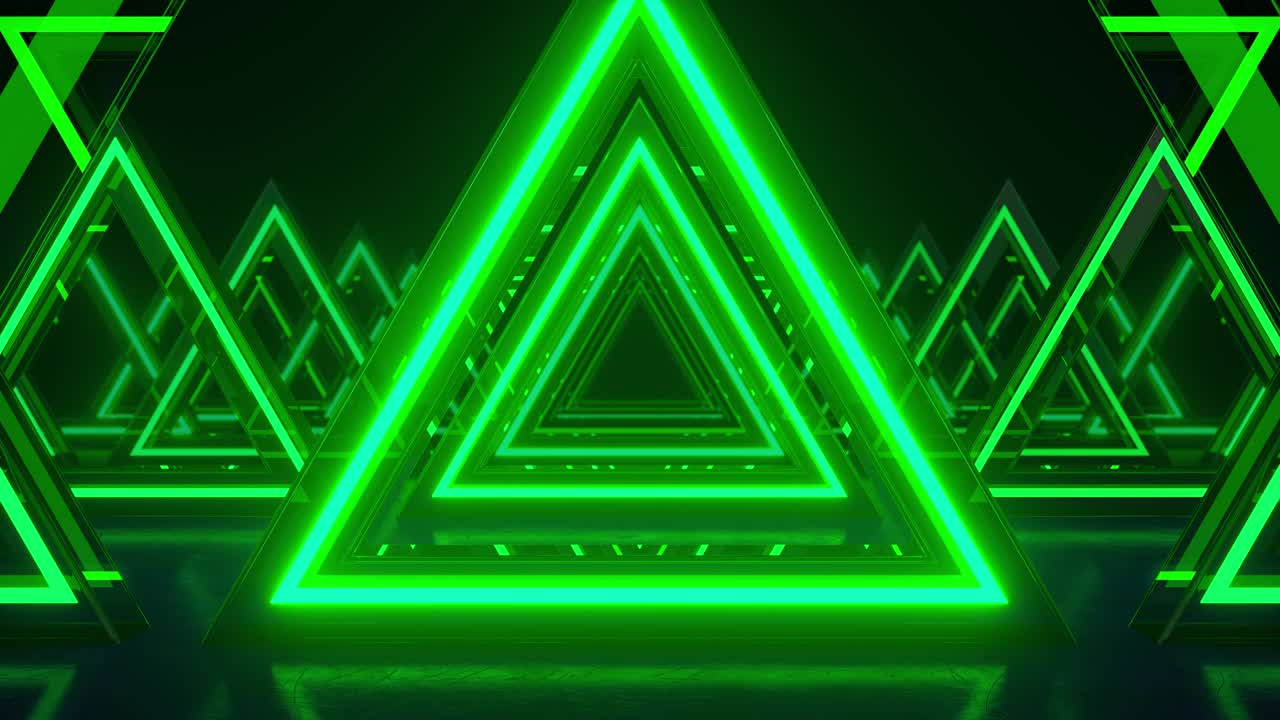 fondo abstracto, triángulos de neón verde. triángulo futuro túnel espacial. espectáculo de láser, realidad virtual, líneas brillantes, túnel, pasillo, portal triangular de neón. avanzando. bucle de animación 3d en 4k