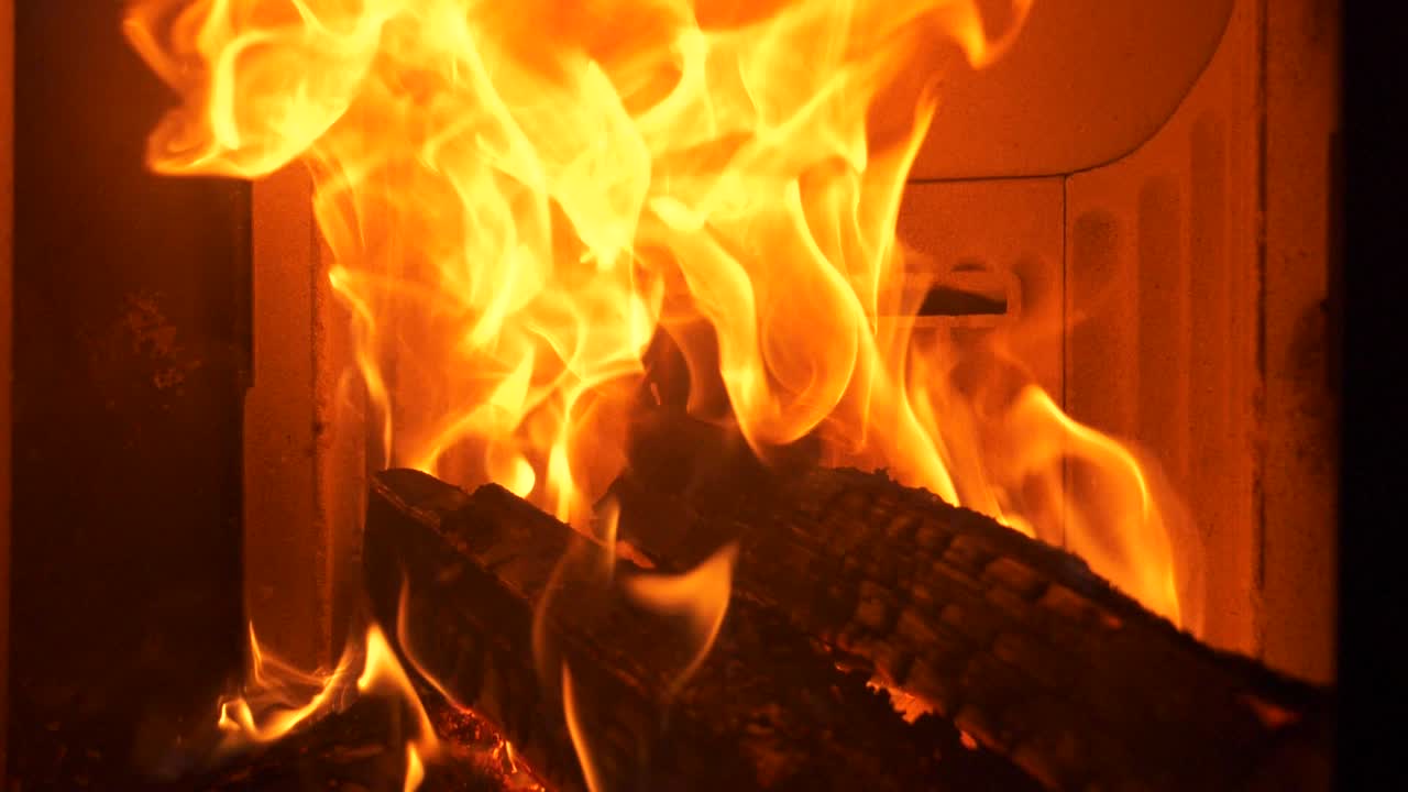 Fireplace, slow motion of burning flames