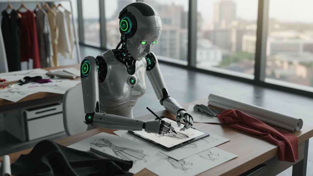 A Futuristic Robotic Designer Crafting Innovative Fashion Concepts in a Contemporary Studio Setting with Views of the Cityscape