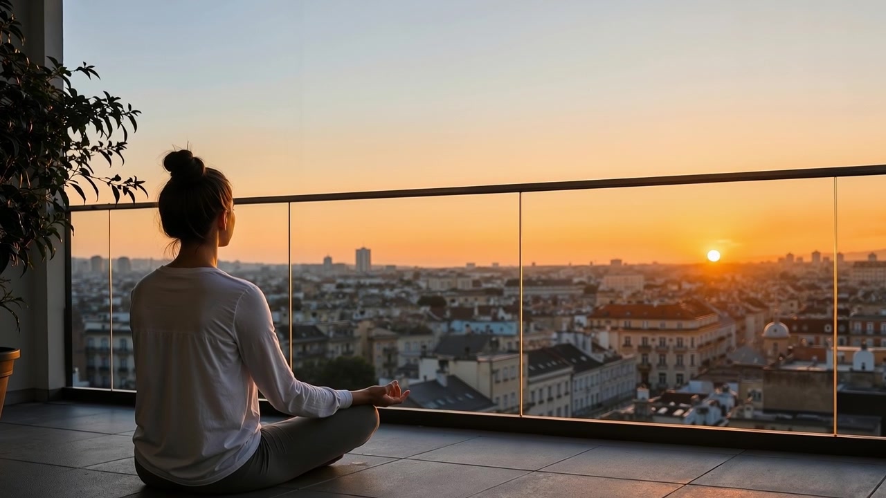 Mujer meditando en posición de loto en un balcón alto con vistas a la ciudad durante un atardecer dorado