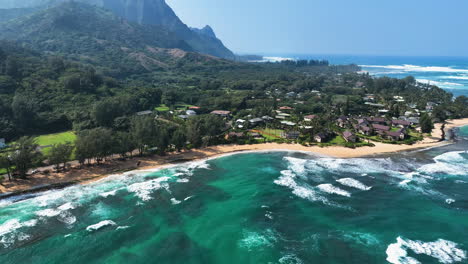 aerial view circling the kee beach in napali coast kauai, sunny day in hawaii