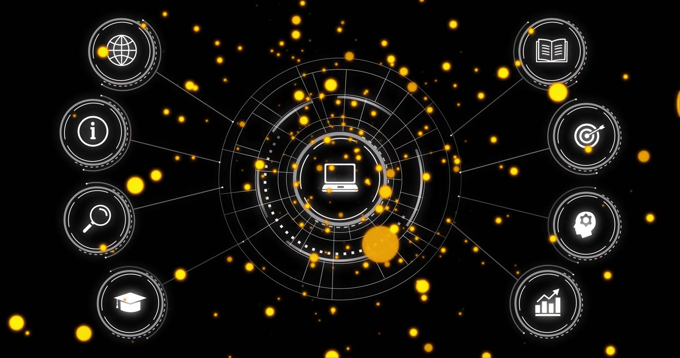 HUD fading in, rings rotating, extending lines to icons as particles drifting visualizing data flow