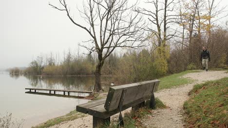 a man walks from the distance towards a wooden bench and pier next to the edge of a lake