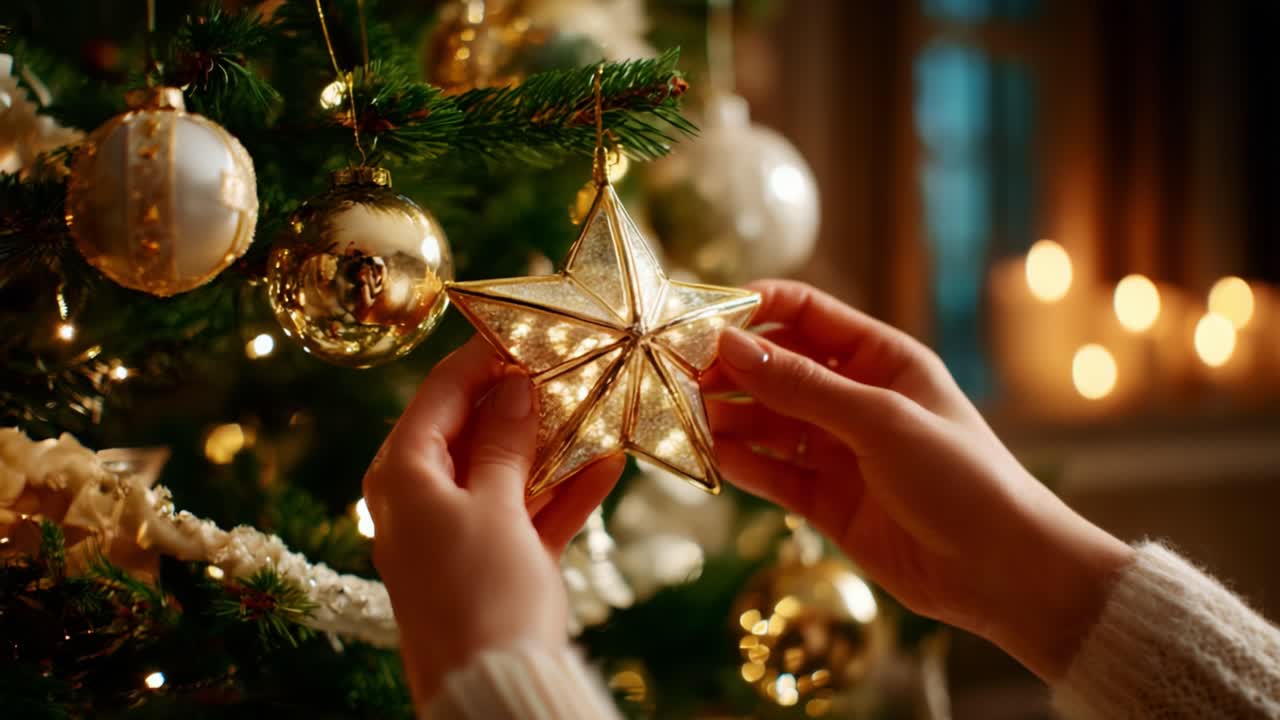 A Warm Holiday Moment: An Individual Delicately Places a Beautiful Golden Star Ornament on a Lush Christmas Tree, Surrounded by Twinkling Lights and Adorned with Gleaming Baubles in a Cozy Setting