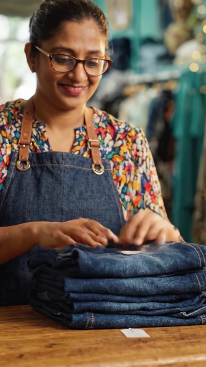 Specialista di abbigliamento focalizzato e creativo che prepara articoli in denim per l'esposizione in un ambiente vivace di negozio di abbigliamento, con un atteggiamento amichevole e attenzione ai dettagli.