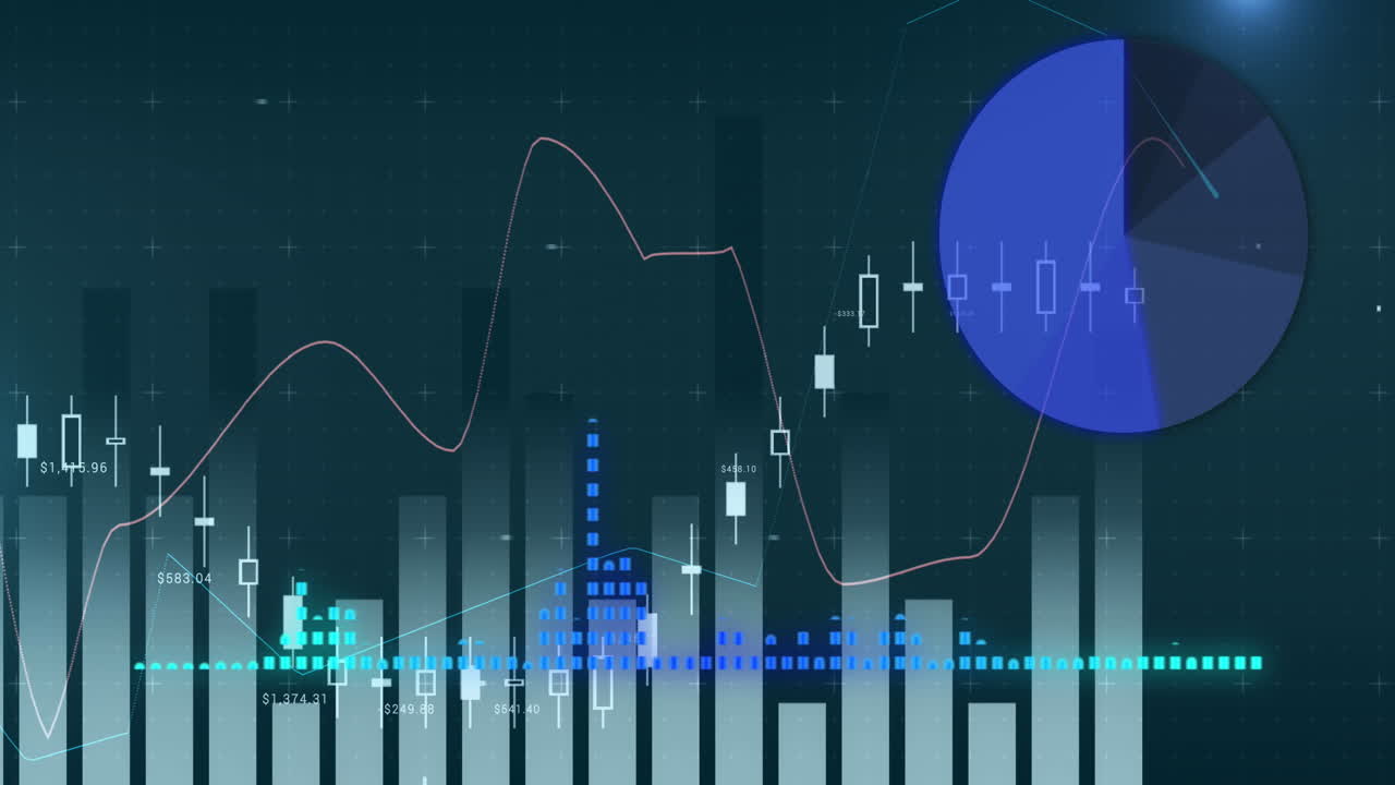 Animazione digitale di elaborazione dati finanziari e statistici su sfondo verde