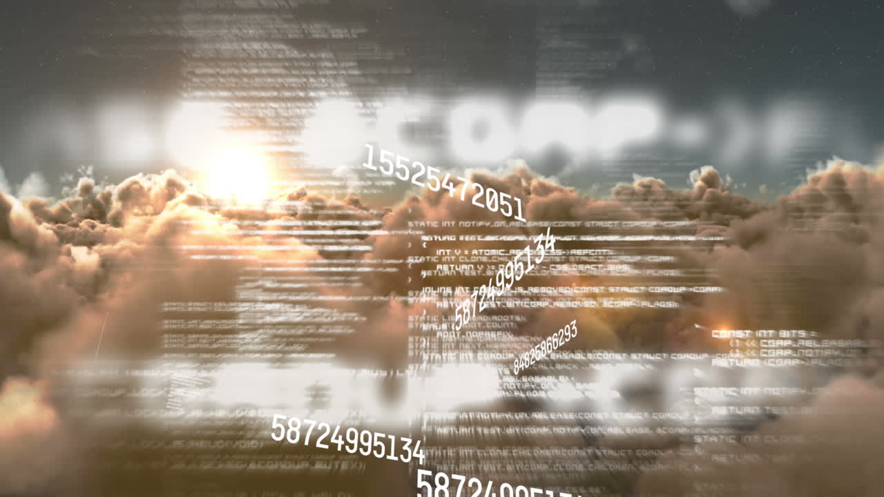 해가 지는 하늘 위에서 숫자의 애니메이션과 컴퓨터 코드 처리