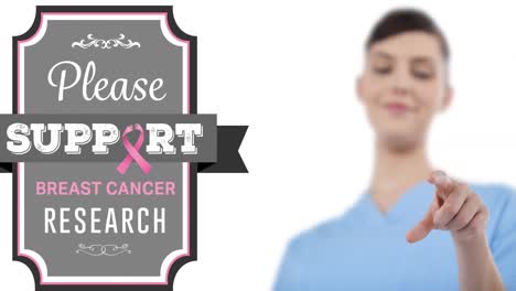 animation of pink breast cancer ribbon logo with breast cancer text over smiling female doctor