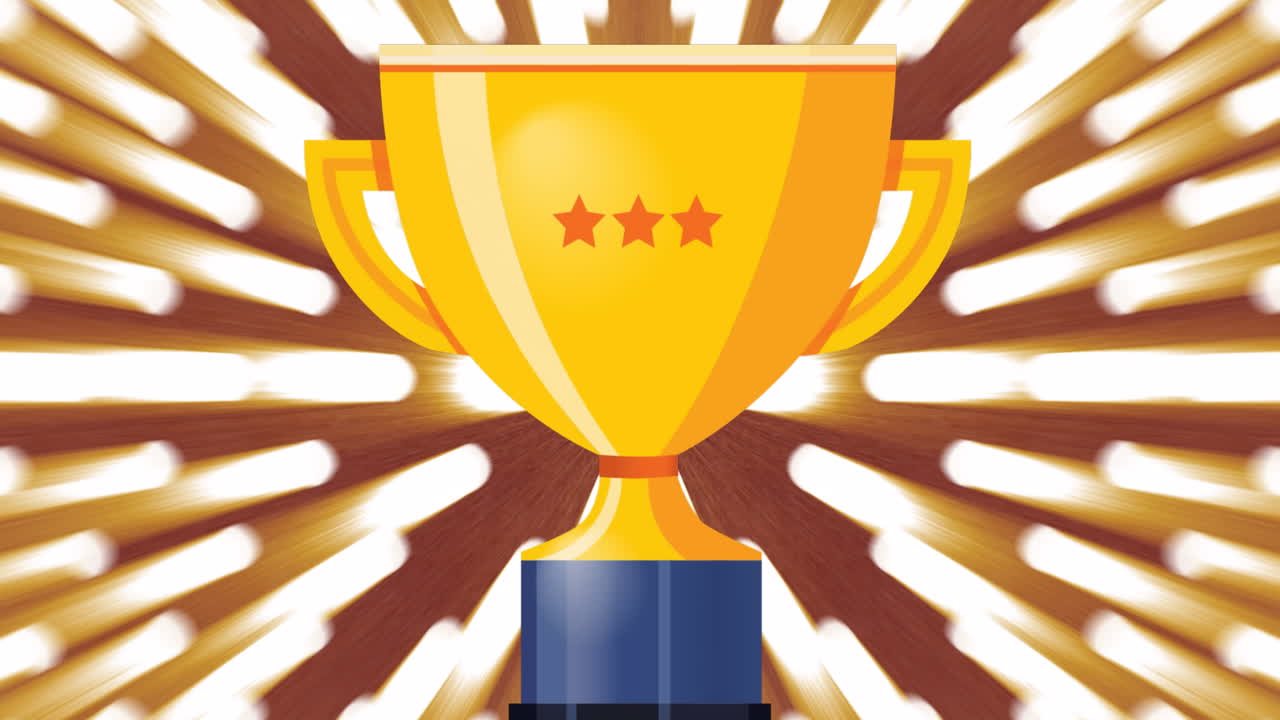 animación del trofeo de oro y el laurel con tres estrellas, sobre focos móviles sobre fondo marrón