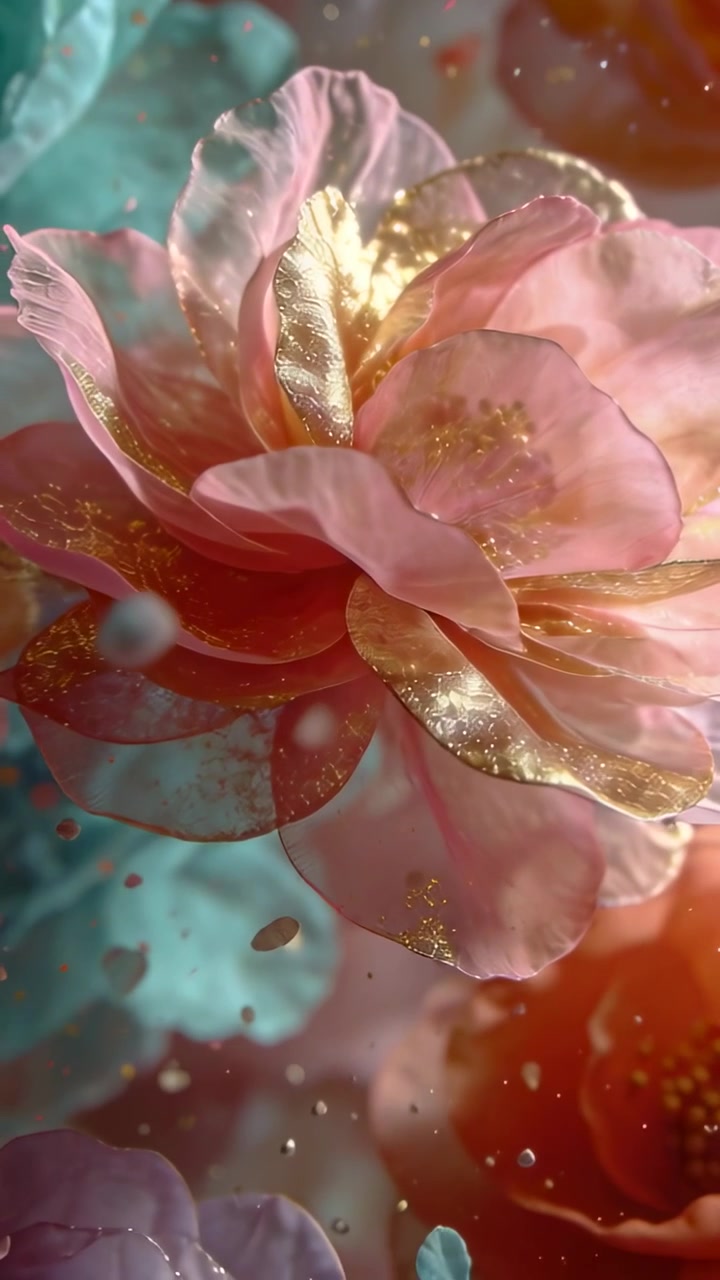 Video verticale: Telecamera in movimento che mostra un fiore rosa che ruota, brillando per catturare l'oro in studio, con polvere.