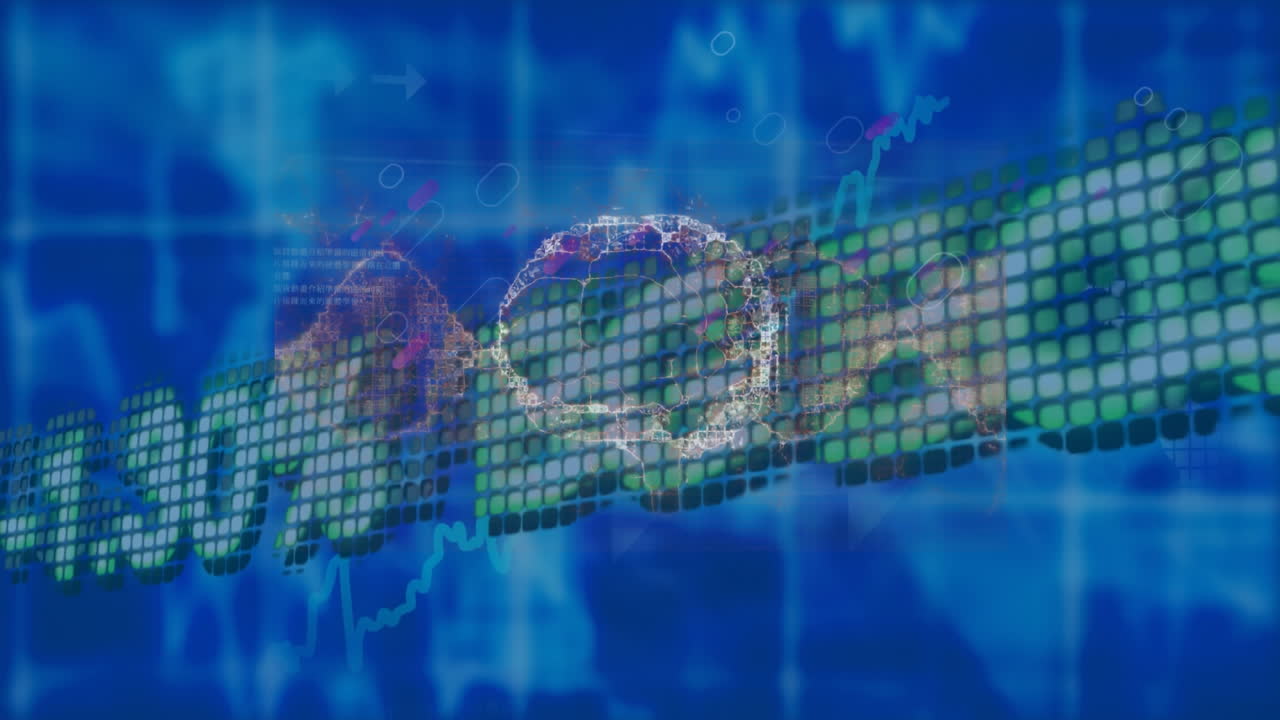 animación del cerebro digital sobre líneas púrpuras y procesamiento de datos