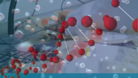 la estructura del adn y las células de la covid-19 contra el científico que trabaja en el laboratorio