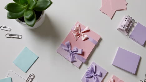 pastel stationery and desk organization flat lay