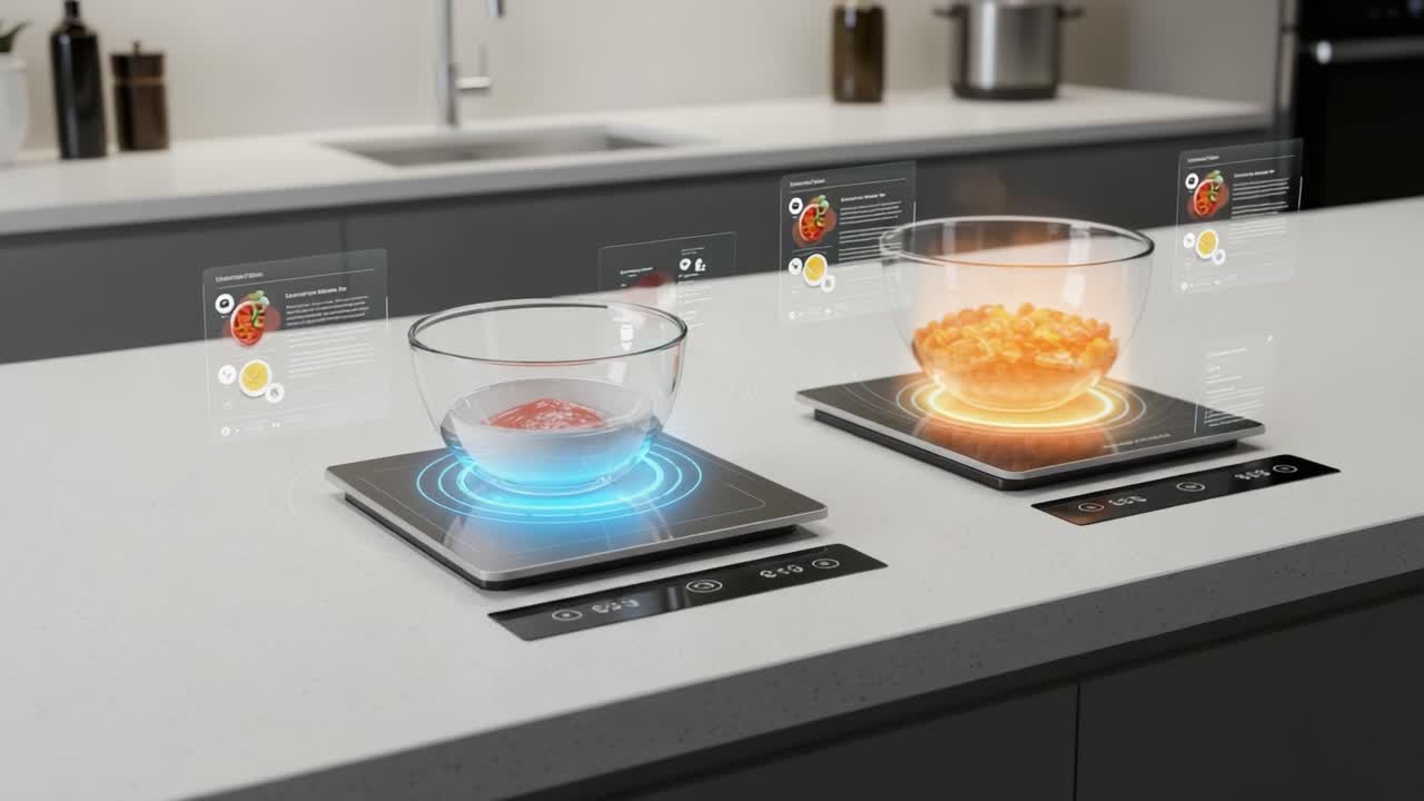 A Modern Kitchen Experience Showcasing Smart Scale Technology with Interactive Displays for Cooking Ingredients Like Rice and Vegetables in Transparent Bowls