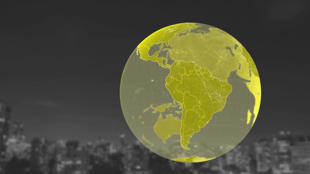 Animazione di un globo che ruota su un paesaggio urbano