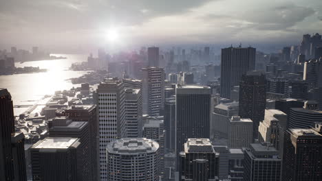 skyline aerial view at sunset with skyscrapers
