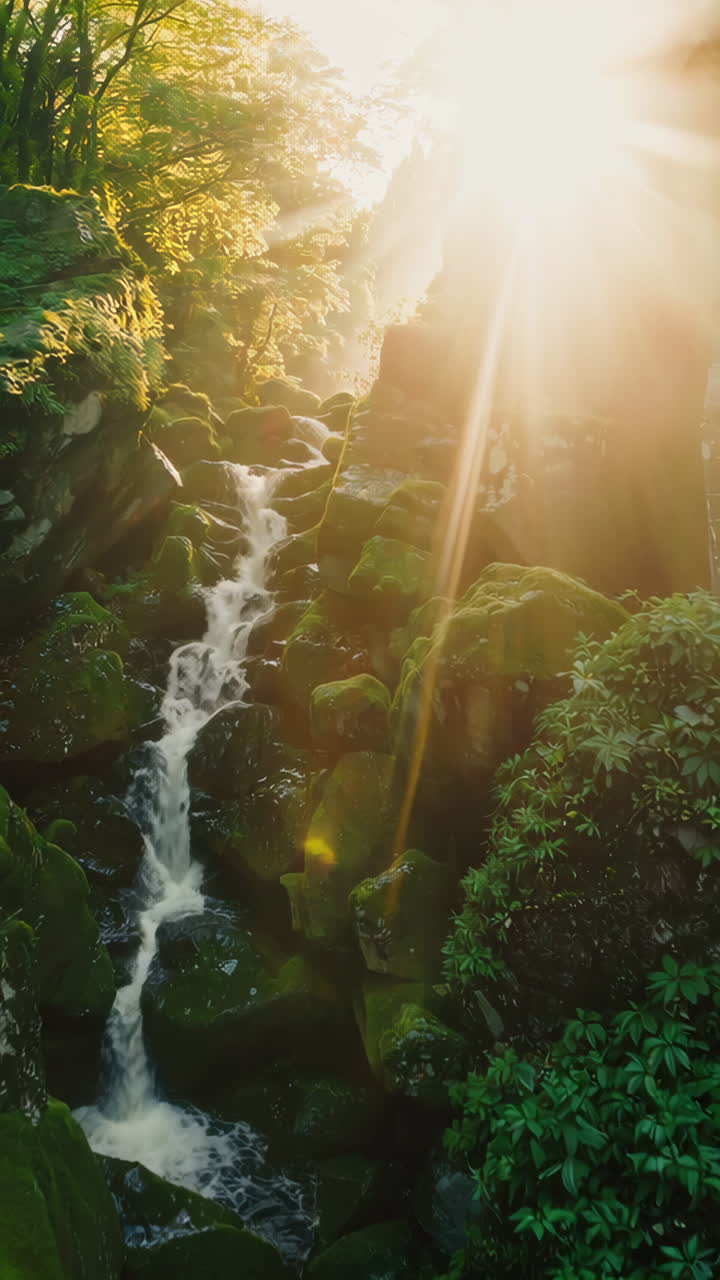 Sunlit Waterfall in a Lush Forest