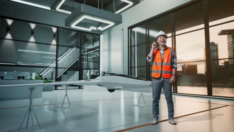 full body of asian male engineer with safety helmet thinking and looking around then raising his index finger while standing with drone project