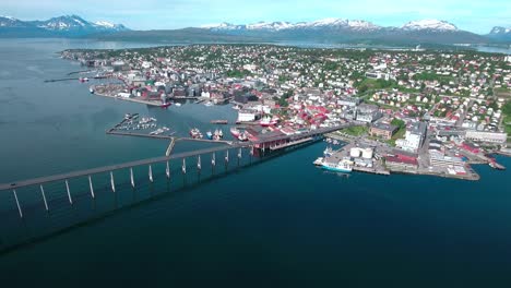 Bridge-of-city-Tromso,-Norway-Aerial-footage