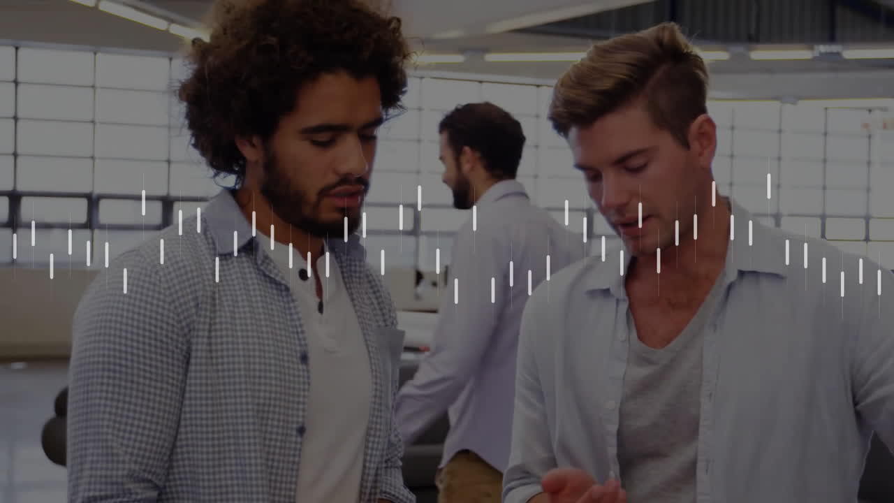 Animation of financial data processing over diverse business people in office