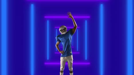 animation of african american male american football player over shapes