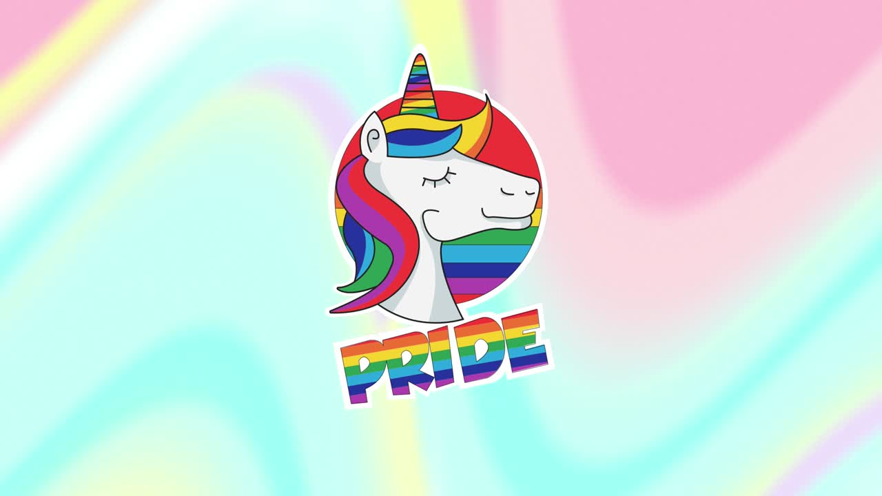 다채로운 파스텔 배경 위에 무지개 자부심과 유니콘의 애니메이션