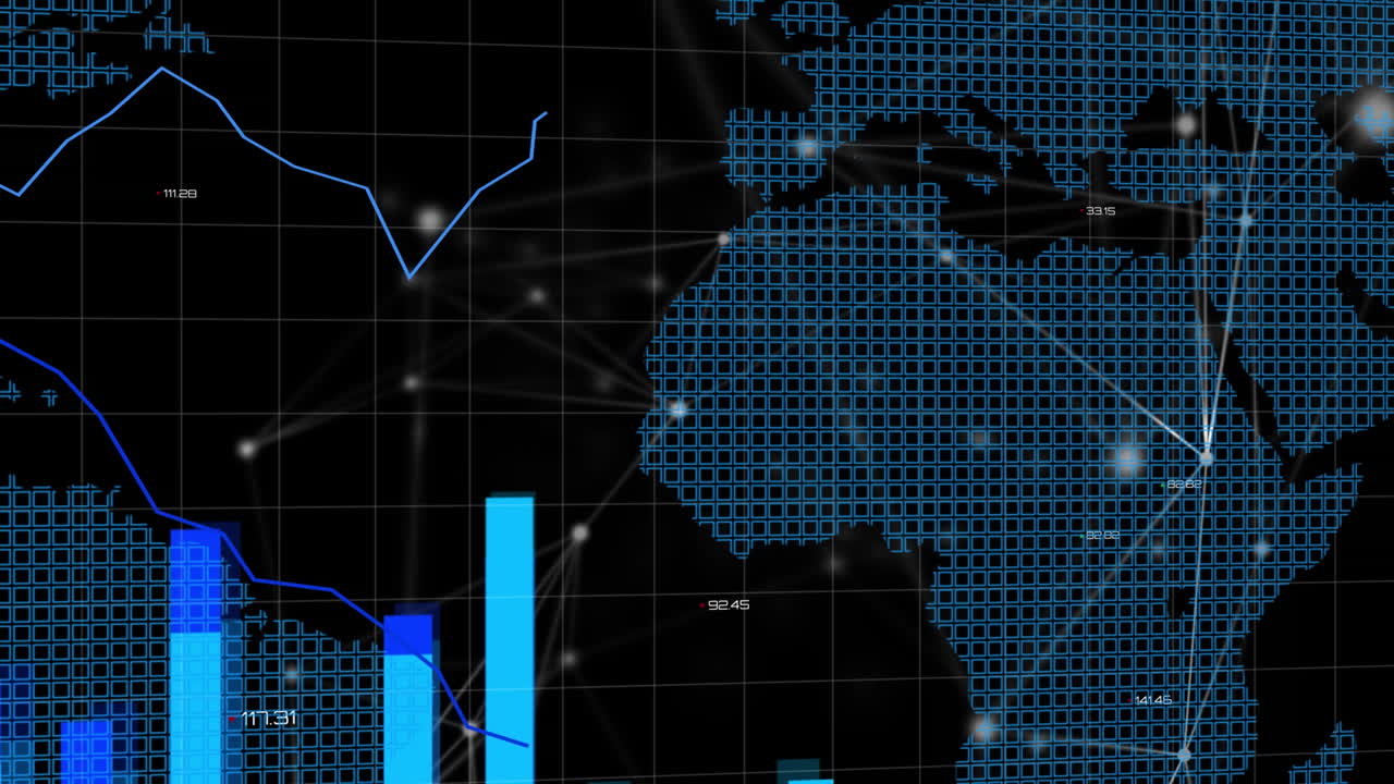 Animation blue lines and statistics processing over world map