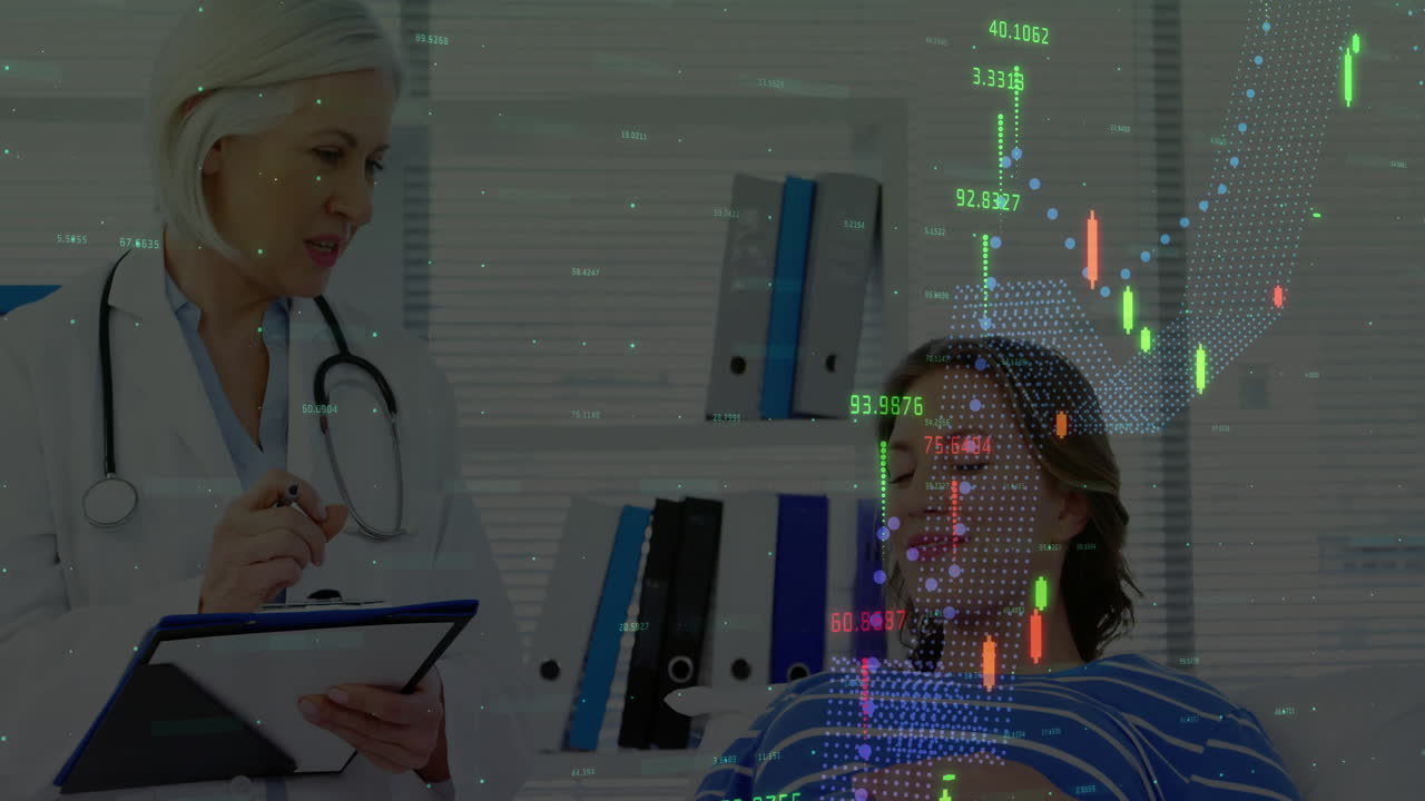 Female doctor holding clipboard and consulting patient in exam room with digital candlestick charts