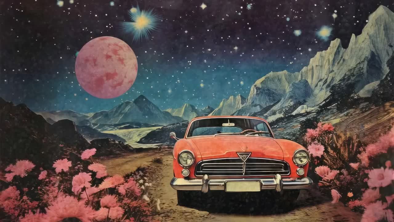 Surreal video concept with a vintage car on a floral path under a starry sky