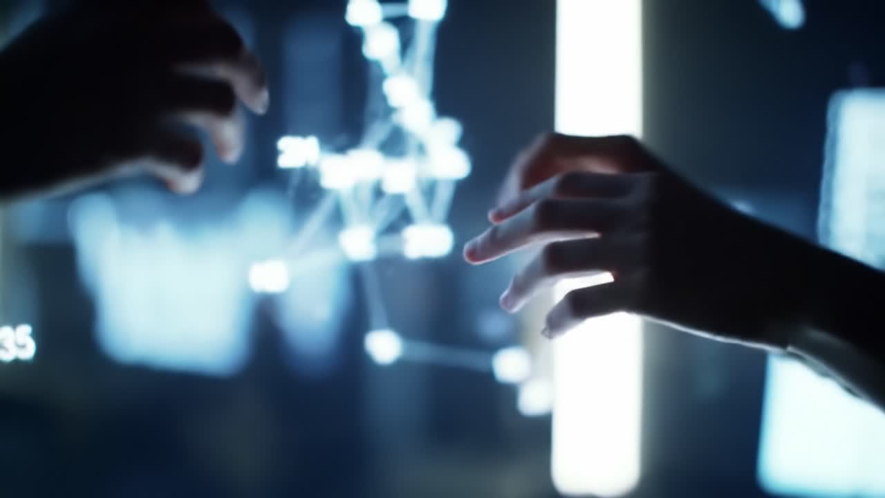 Hands engage with a futuristic touchscreen displaying dynamic data visualizations and interactive graphics. This showcases technology's potential in enhancing user experience and understanding.