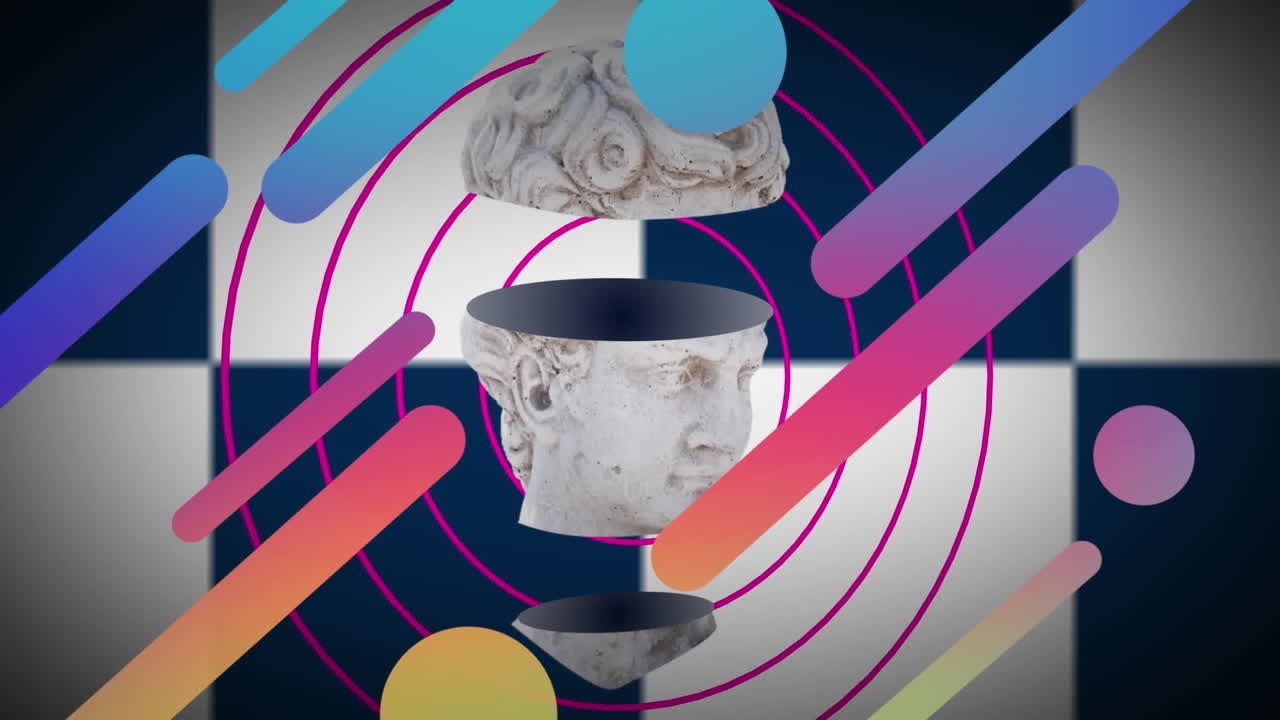 검은색과 색의 체커 된 배경에 모양을 가진 고대 머리 조각의 애니메이션