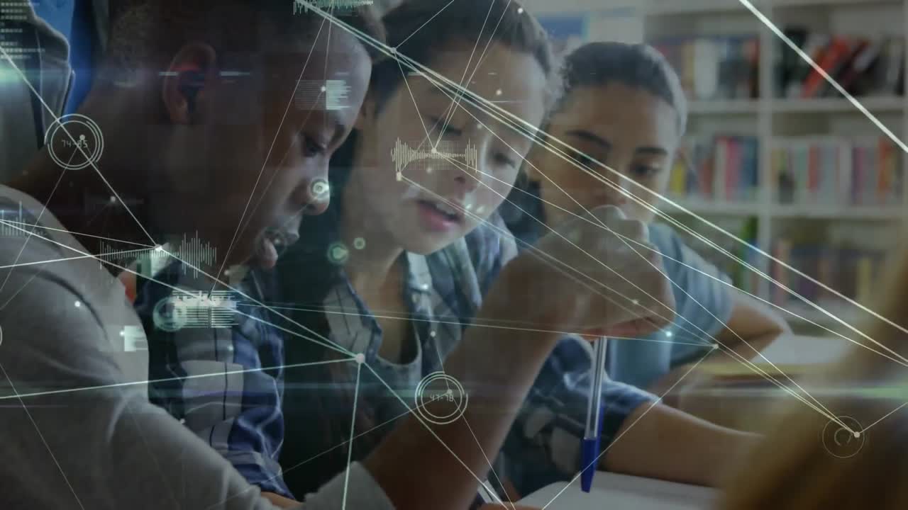 Animation of network of connections over diverse group of students studying in library at school
