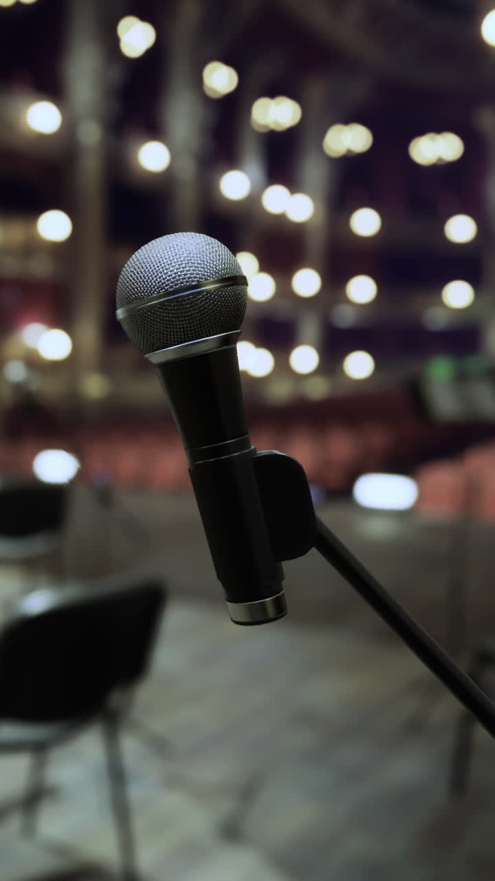 Microfono da palco a fuoco prima di uno spettacolo in un teatro di notte