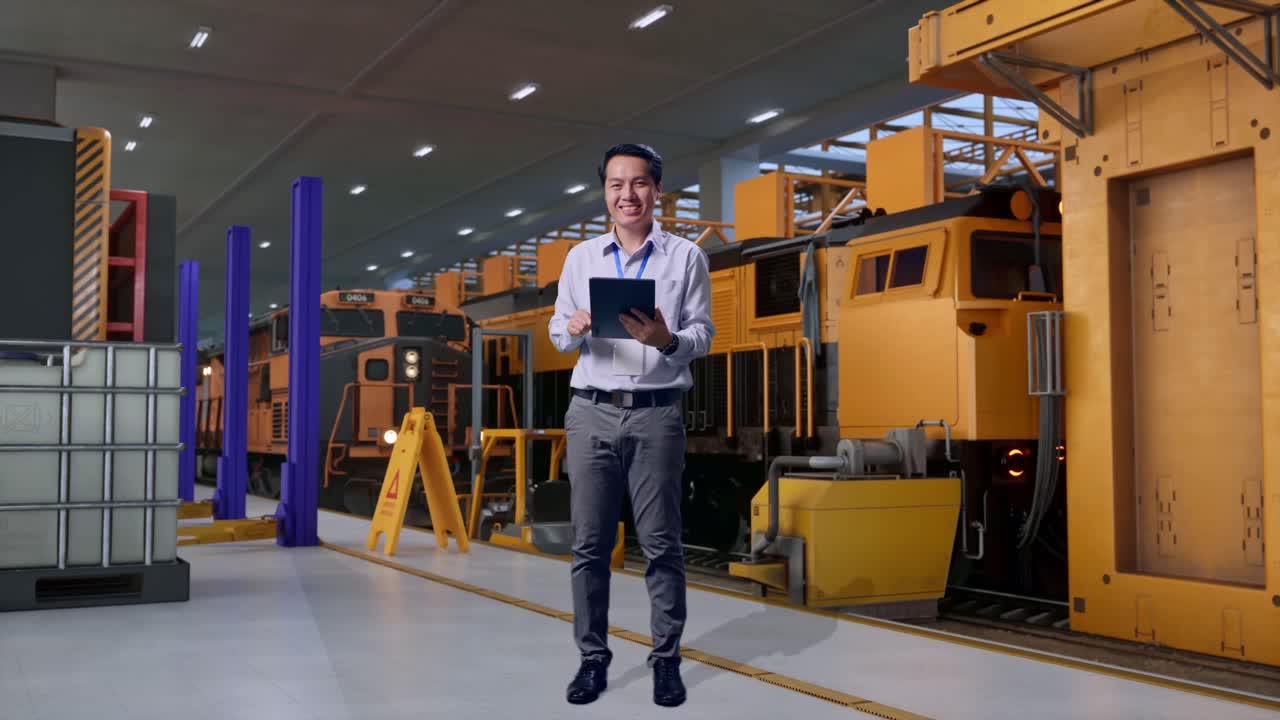Full Body Of An Asian Male Professional Worker Standing, Train Maintenance Engineers in a Depot, Typing On Tablet'S Keyboard With Green Screen And Look At The Factory Once