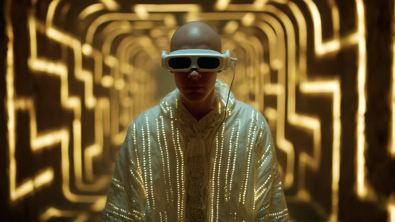 A futuristic figure stands before a mesmerizing illuminated backdrop, adorned in a shimmering cloak and high-tech eyewear, creating an enchanting atmosphere of advanced technology and artistic expression