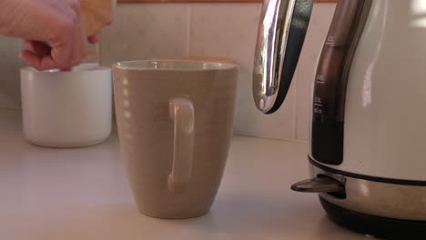 Male-in-shirt-places-mug-down-with-teabag-in-and-boils-modern-kettle-on-benchtop