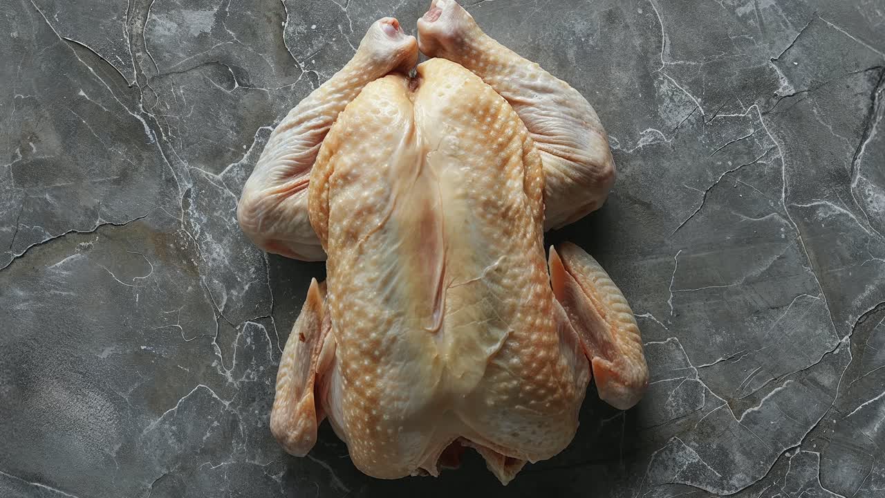 pollo crudo entero sobre un fondo de piedra de mármol gris