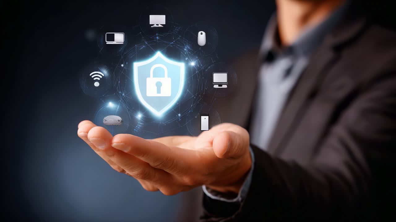 Cybersecurity Representation with Shield Icon and Digital Devices in Hand Illustrating Data Protection and Connectivity in Modern Technology