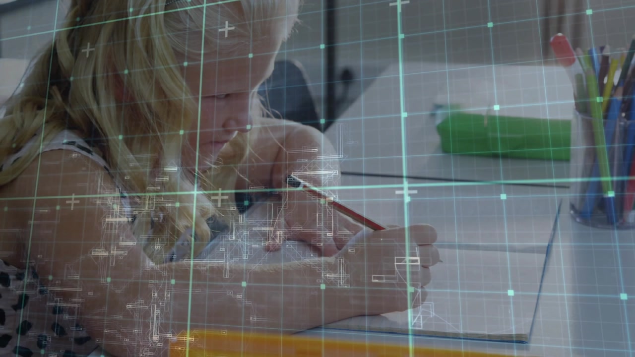 Student initiating pencil strokes at desk in education, with grid overlay guiding sketch refinement